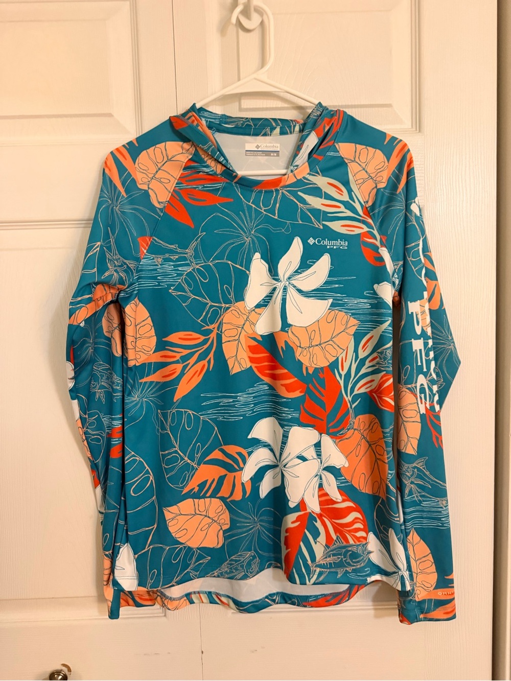 Columbia Teal Floral Hooded Sun Shirt with Orange and White Accents